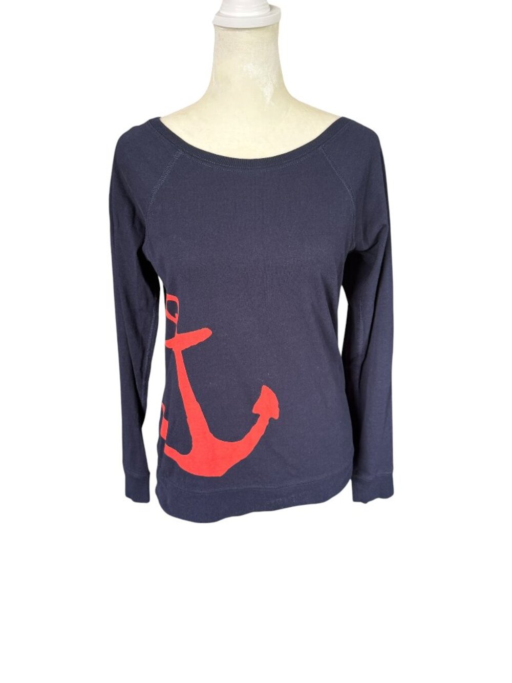 J. Crew women's navy blue long sleeve boatneck t-shirt with red anchor size XS